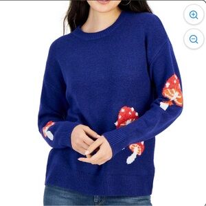 Hooked Up by IOT Blue Sweater with Red and White Mushroom Accents